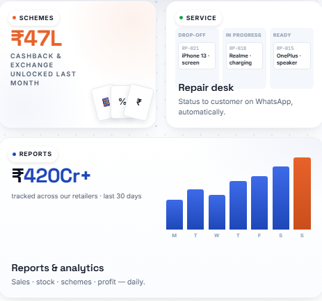 RetailerOS Schemes, Service & Reports screen