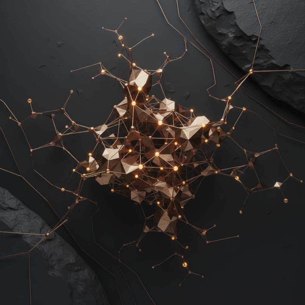 Abstract neural network with bronze connection lines on dark background