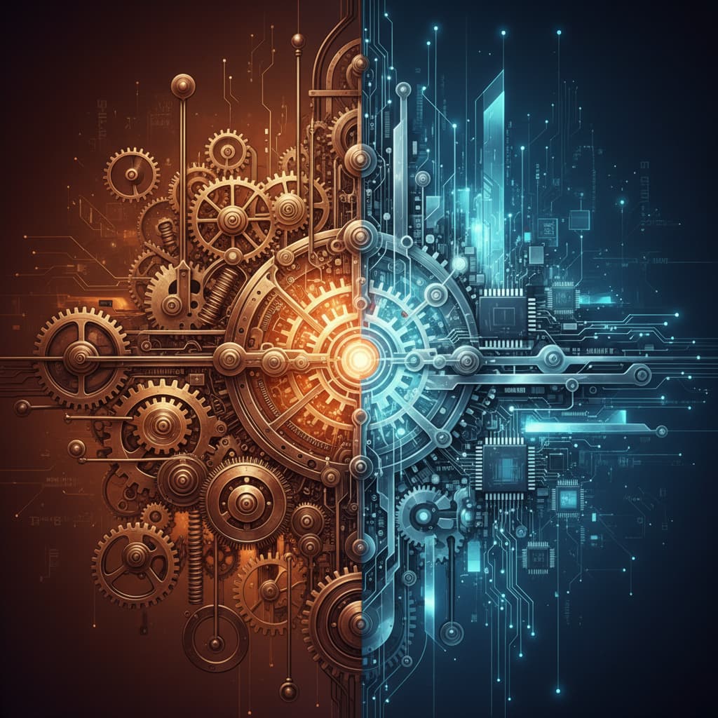 Legacy to modern — mechanical gears transitioning to digital circuits