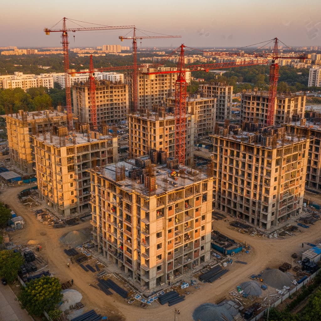 Aerial view of Bangalore apartment complex under construction at golden hour