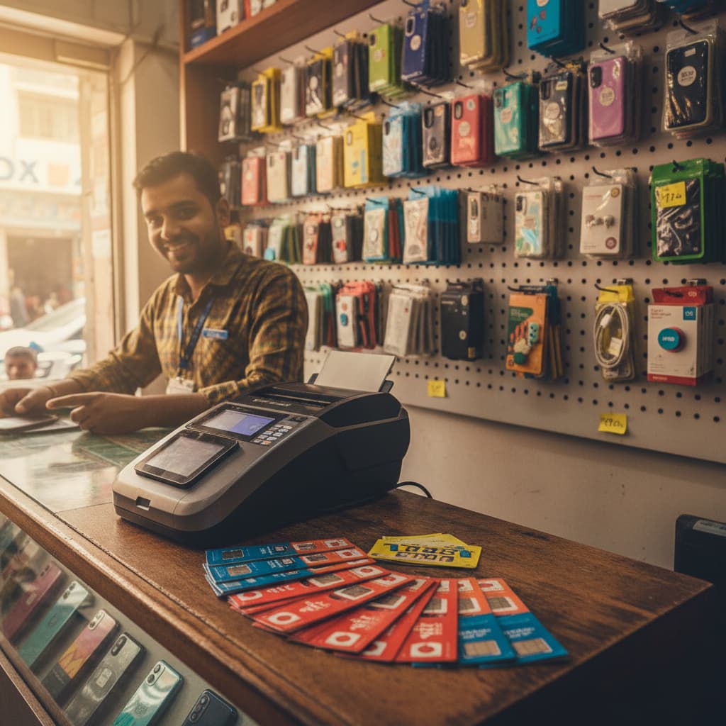 Indian mobile shop counter with billing device and phone accessories