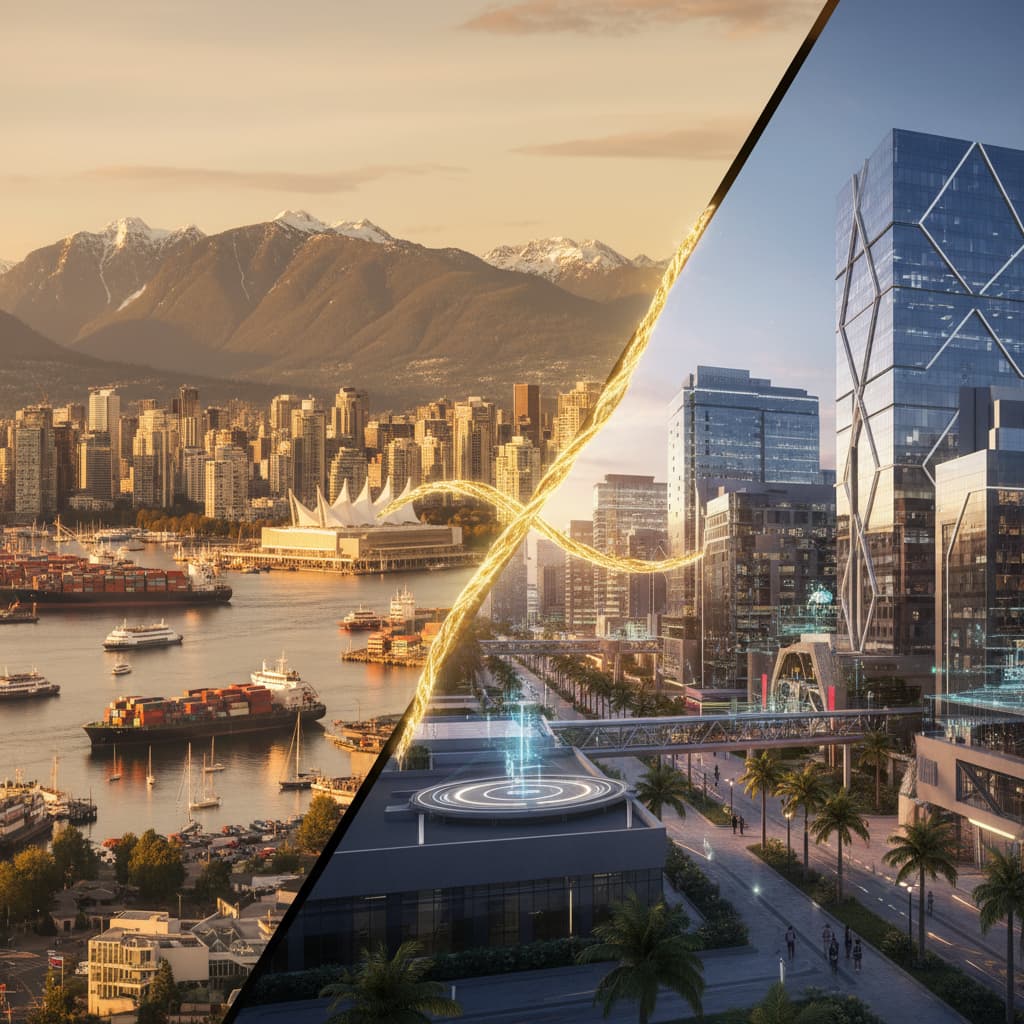 Vancouver mountains and Bangalore tech parks connected by golden thread