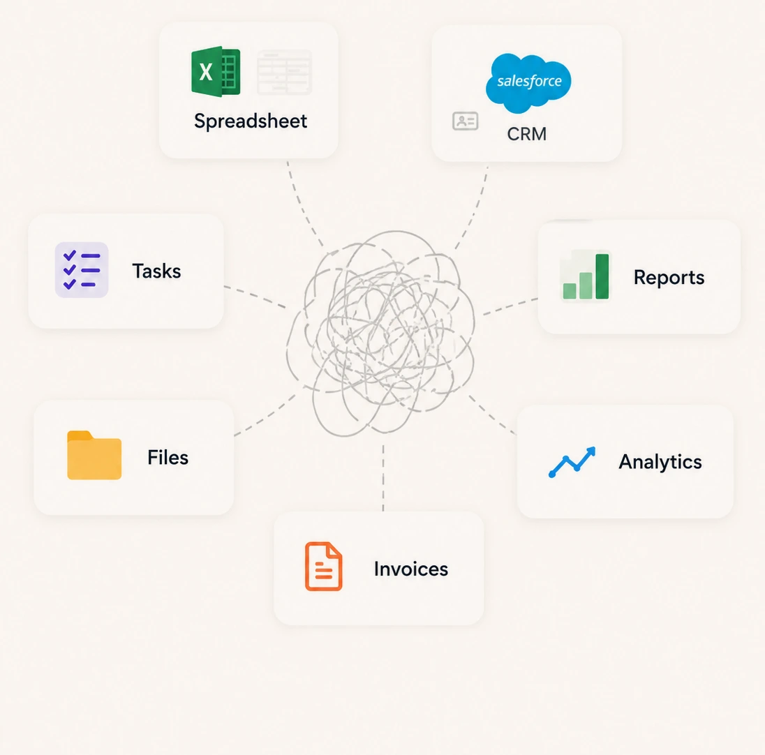 Spreadsheets, CRM, Tasks, Reports, Files and Invoices scattered across disconnected tools