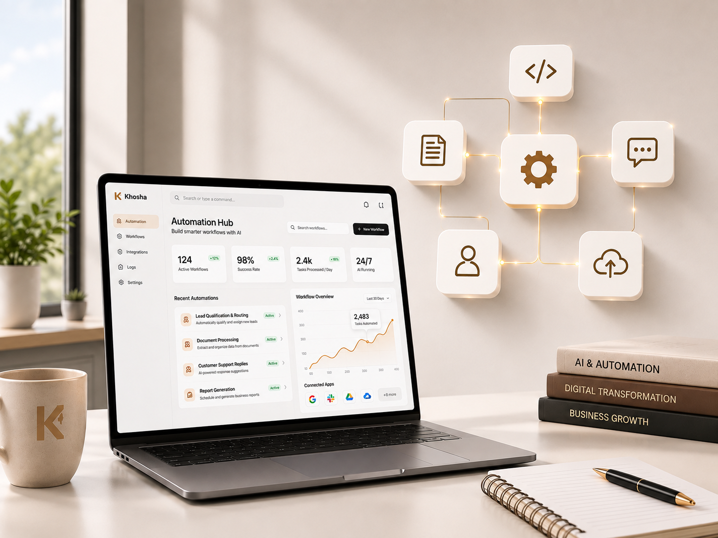 Khosha Automation Hub dashboard on laptop with connected workflow icons