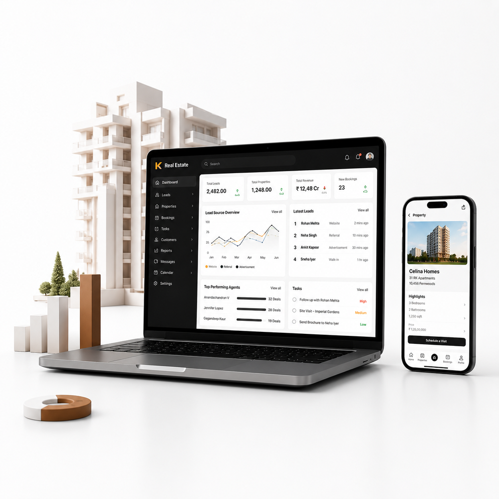 RealDesk dashboard on laptop with the mobile app and project renders