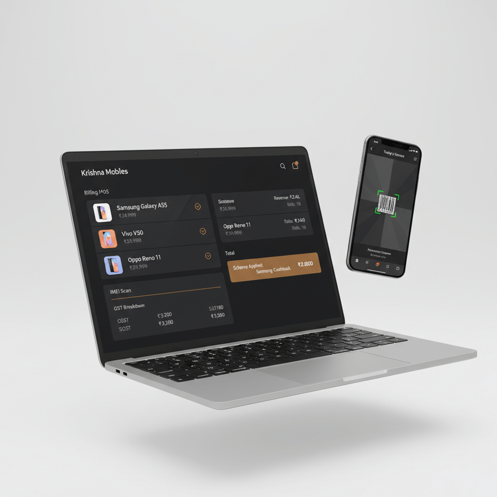 RetailerOS billing dashboard shown on a laptop and phone